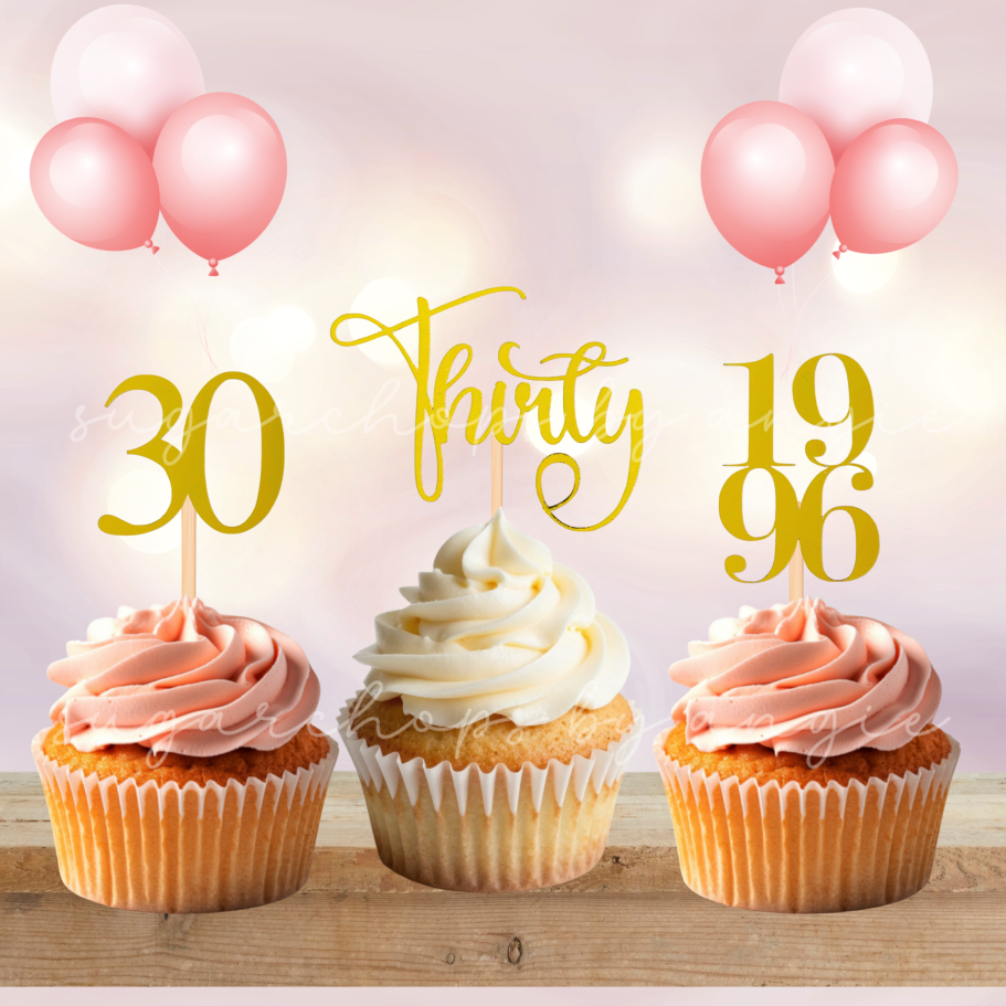 Three cupcakes with decorative frosting, pink balloons, and the text "30" and "Thirty 1996."