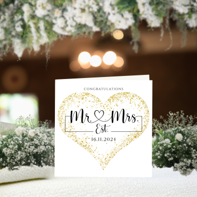 Wedding card with "Mr & Mrs" and a decorative heart design.