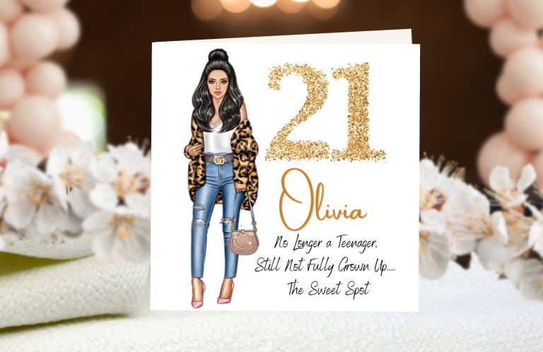 Birthday card featuring a stylish woman in a floral dress and an Eiffel Tower illustration.