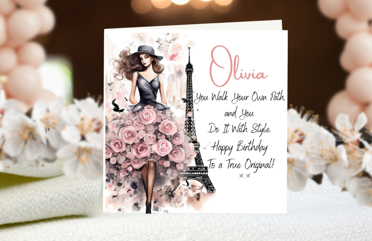 Birthday card featuring a stylish woman in a floral dress and an Eiffel Tower illustration.