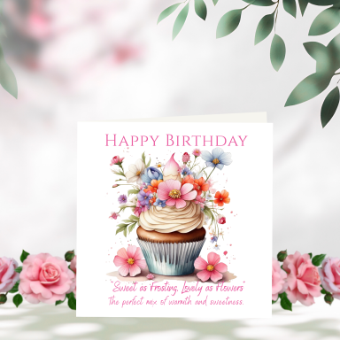 Cupcake and Flowers Birthday Card Birthday card featuring a cupcake topped with flowers and the text "Happy Birthday."