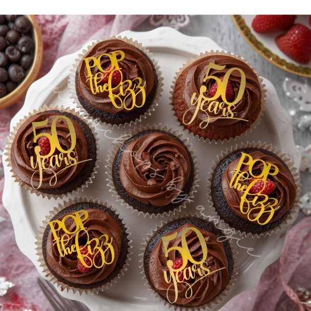 Chocolate cupcakes decorated with "50 years" in gold lettering.