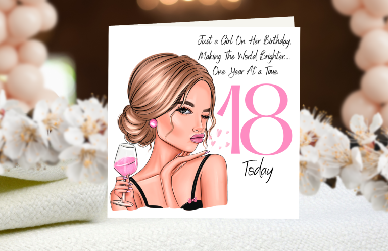 A woman in a pink dress holding pink flowers, with a decorative backdrop.