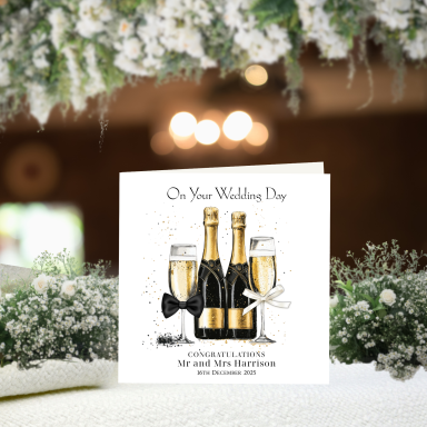 Wedding card featuring champagne bottles and ribbons, with floral decoration in the background.