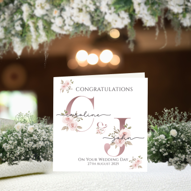 A wedding card featuring the text "Congratulations" and initials C and J, decorated with flowers.