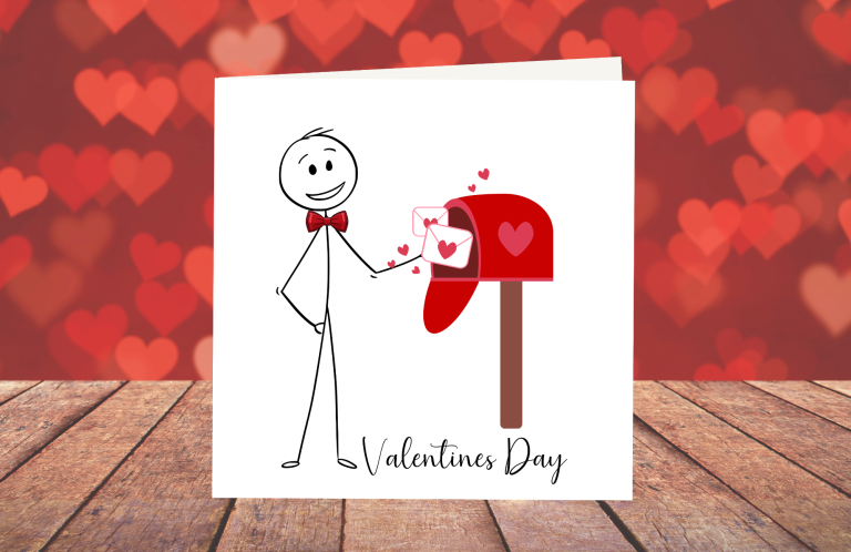 A stick figure in a bow tie sending love letters to a heart-adorned mailbox for Valentine's Day.