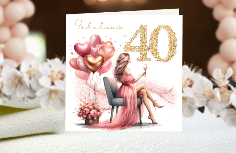 Woman in a pink dress with long hair, birthday card with floral decorations.