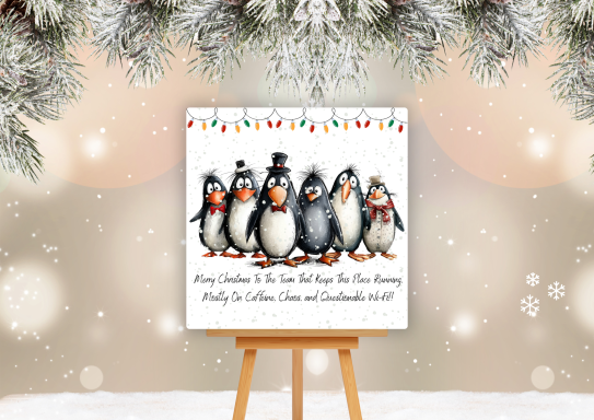 Funny Penguin Christmas Card For Your Work Crew Seven cartoon penguins in winter attire with a festive message on an easel.