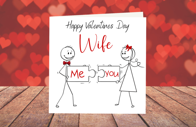 Valentine's Day card featuring stick figures holding puzzle pieces labeled "Me" and "You."