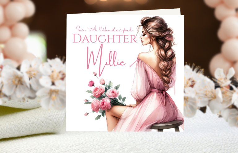 A woman in a pink dress holding pink flowers, with a decorative backdrop.