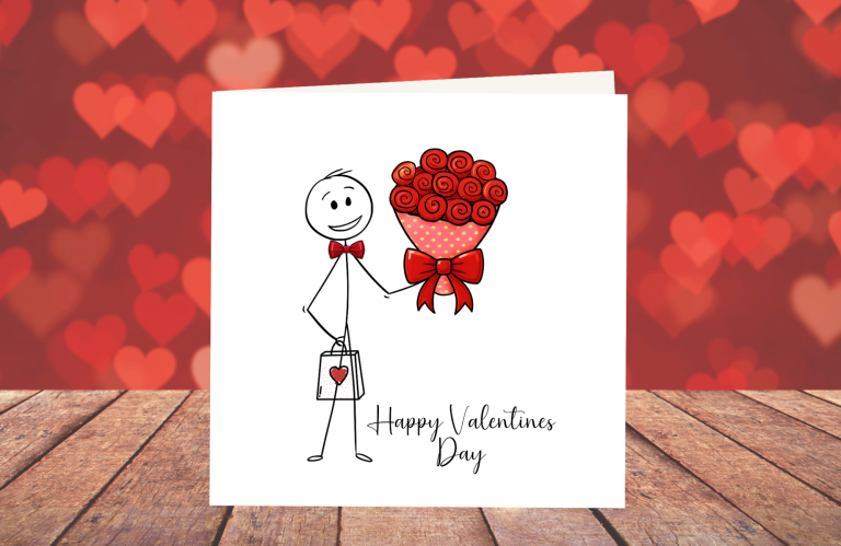 A stick figure with a bouquet of roses and a heart bag, wishing "Happy Valentine's Day."